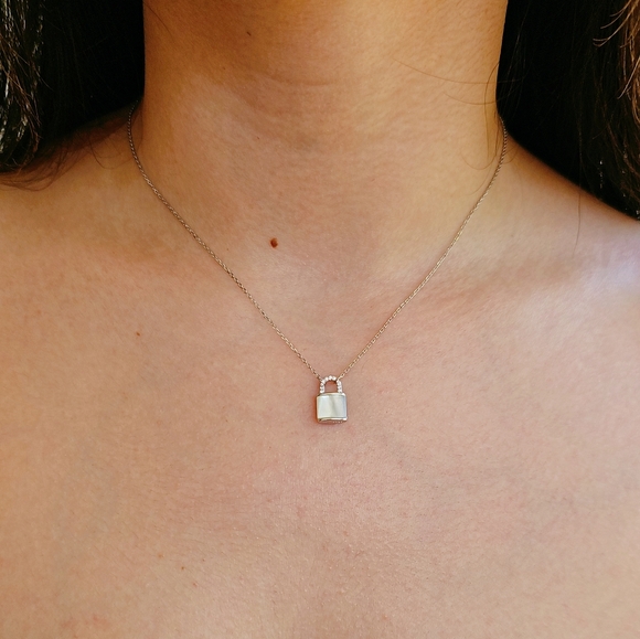 Sterling Silver Mother of Pearl Dainty Pendant Lock - Picture 3 of 12